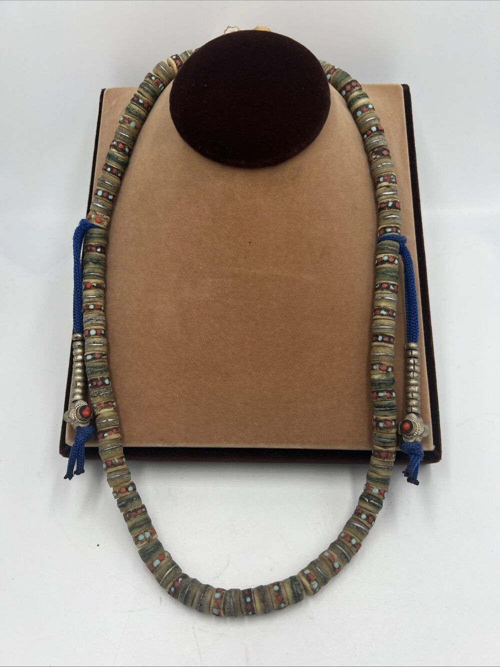 Rare Antique Tibetan Rosary Beads Sin-‘phen Coral Turquoise Inlaid Silver Tone